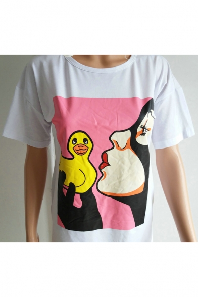 Chic Cartoon Duck Print Round Neck Short Sleeves Mini T-shirt Dress