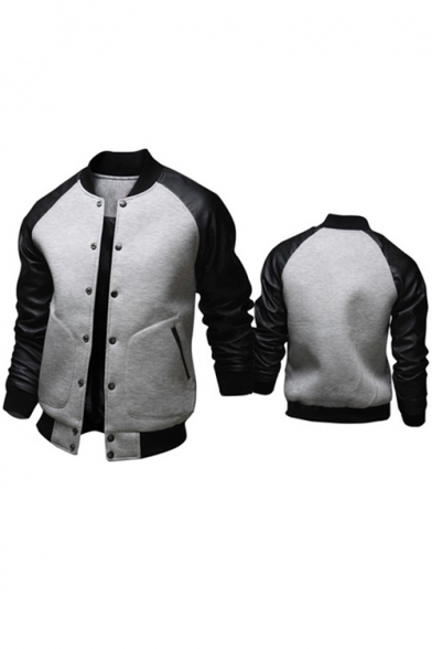 Chic Fancy Color Block PU Patchwork Single Breasted Long Sleeve Baseball Jacket