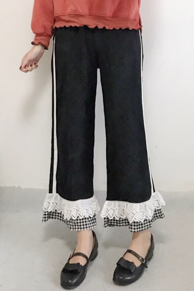 Chic Fashion Lace Insert Plaids Striped Pattern Loose Pants