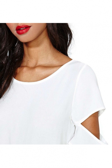 Chic Plain Hollow Back Round Neck Short Sleeves Casual Tee