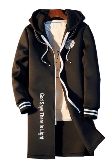 Chic Striped Cuff Tiger Letter Print Long Sleeves Zippered Hooded Longline Coat