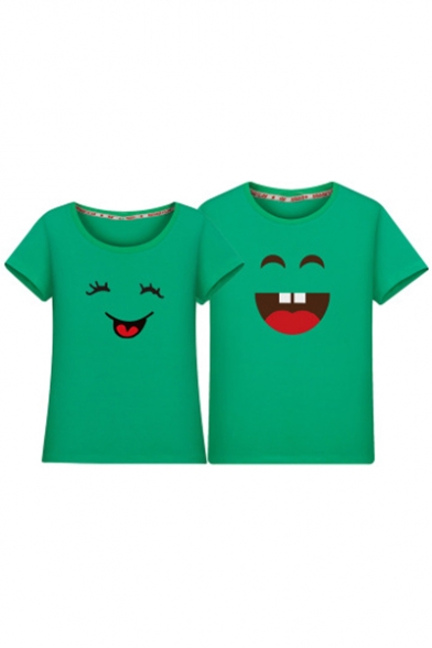 Cute Smile Face Printed Round Neck Short Sleeve Tee for Couple