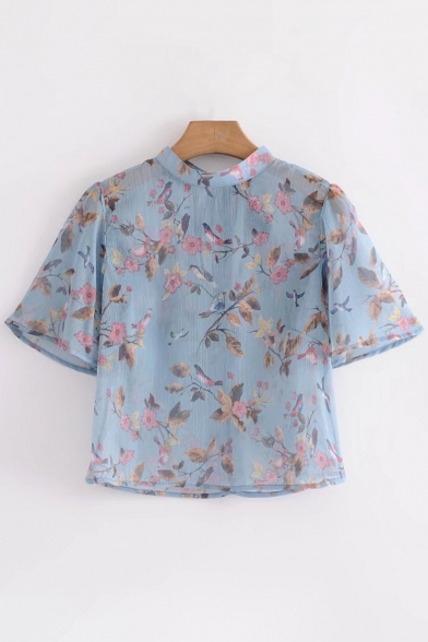 Fashionable Floral Pattern See Through Bow Tie Back Cropped Blouse