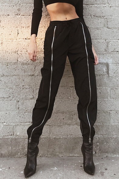 Hot Street Fashion Plain Zipper Detail Elastic Waist Joggers