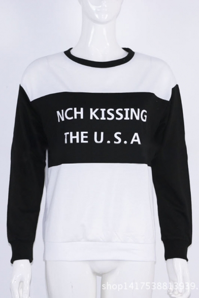 Hot Style Color Block Letter Print Round Neck Long Sleeves Pullover Sweatshirt