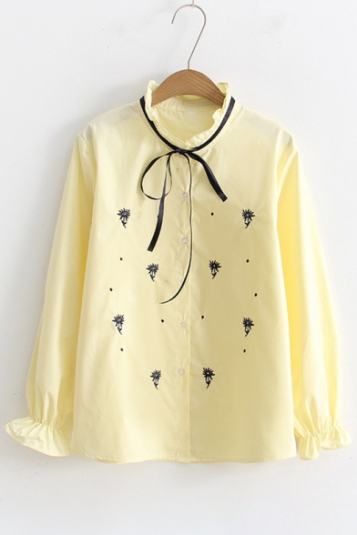 Ladylike Bow Tie Ruffle V-Neck Button Front Floral Embroidered Loose Shirt