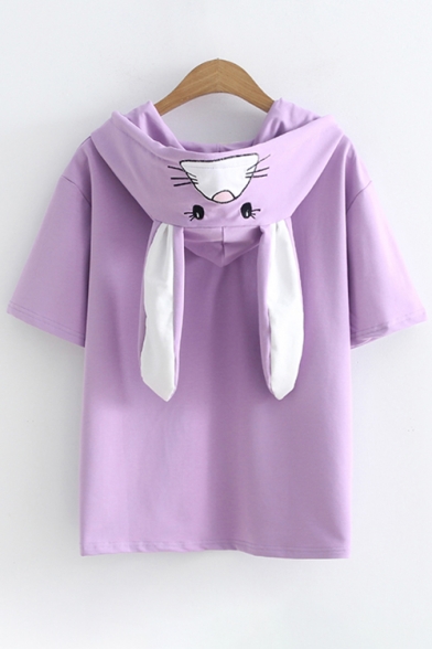 Lovely Rabbit Cartoon Print Hooded Short Sleeves Casual Summer Tee