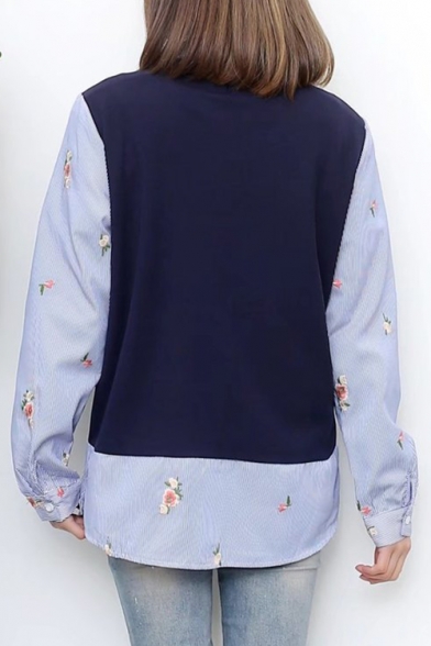 Old-School Fashion Lapel Cartoon Floral Embroidery Patchwork Layered Sweatshirt
