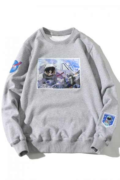 Popular Astronaut Print Round Neck Long Sleeves Pullover Sweatshirt