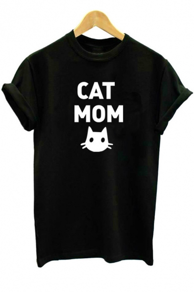 Popular Cat Cartoon Letter Print Round Neck Short Sleeves Casual Tee