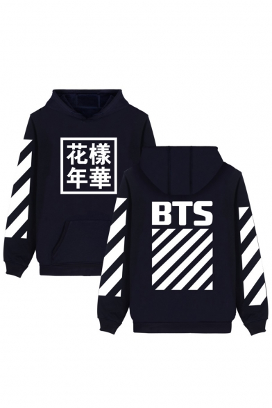 Popular Striped Chinese Letter Print Long Sleeves Pullover Hoodie with Pocket