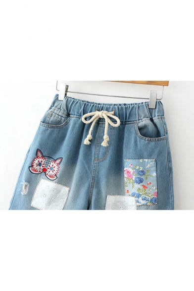 Retro Floral Cat Embroidery Drawstring Waist Pocket Side Patchwork Turn-up Denim Shorts