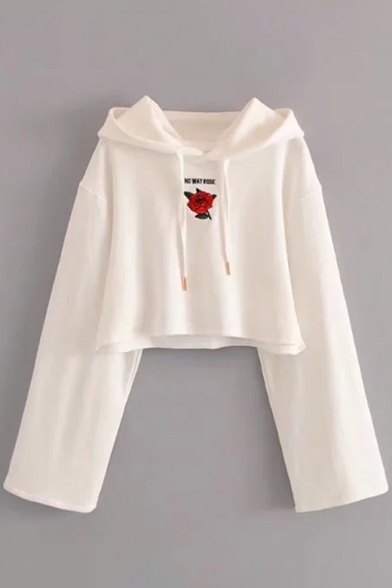 Retro Floral Letter Embroidery Wide Sleeves Pullover Cropped Spring Hoodie