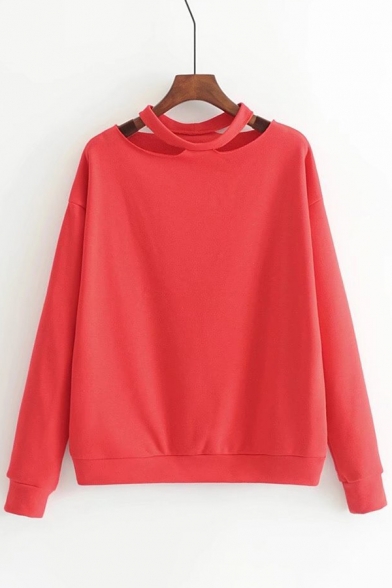 Retro Hollow Out Plain Round Neck Long Sleeves Pullover Sweatshirt