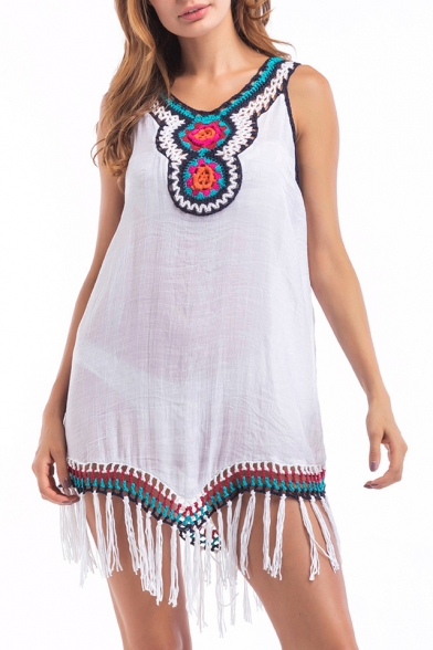 Retro Tribal Embroidery V-Neck Sleeveless Tassel Hem Mini Tank Dress