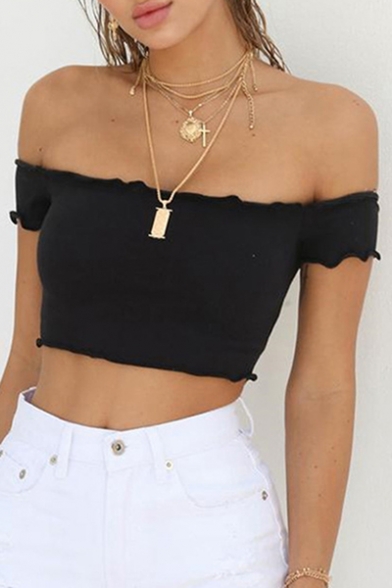 Sexy Off The Shoulder Plain Short Sleeve Cropped Tee