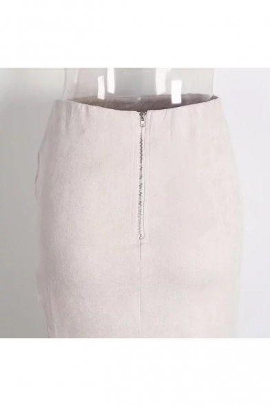Sexy Plain High Waist Split Side Asymmetric Hem Zipper Fly Back Midi Pencil Skirt