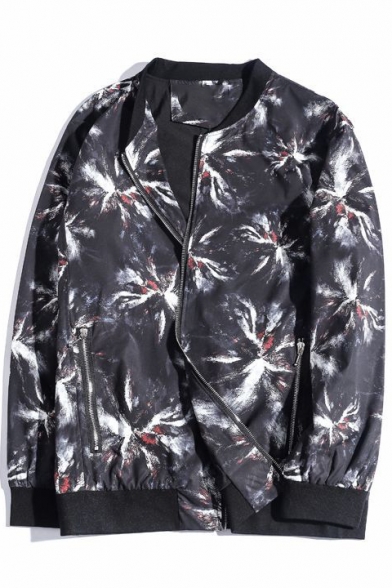 Stand Up Collar Floral Printed Long Sleeve Zip Up Jacket