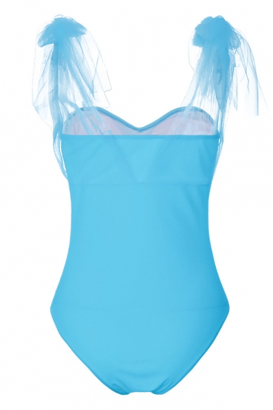 Stylish Sheer Mesh Patched Bow Tied Plain One Piece Swimwear