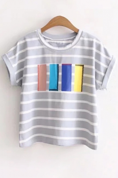 Stylish Striped Print Round Neck Short Sleeves Casual Cropped Tee