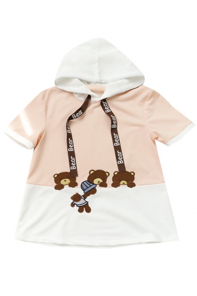Adorable Bear Embroidered Letter Drawstring Color Block Women's Cute Hoodie