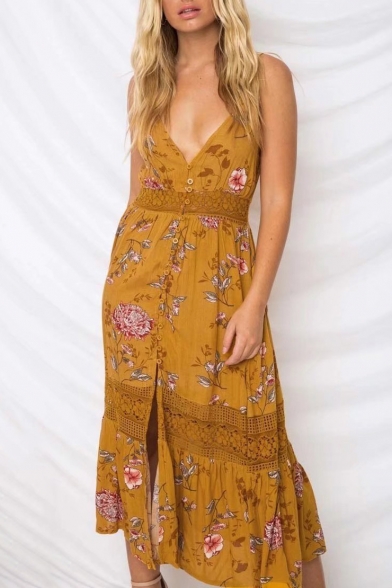 

Bohemia Style Floral Printed Spaghetti Straps Lace Insert Buttons Down Maxi Cami Dress, LC470415