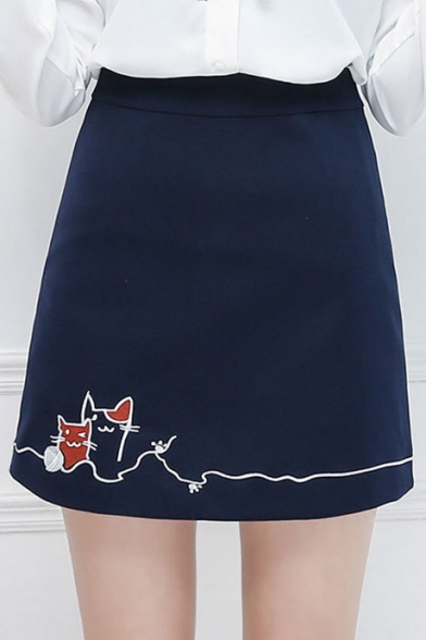 

Cat Embroidered Zipper Back Mini A-Line Skirt, Royal blue;white;khaki