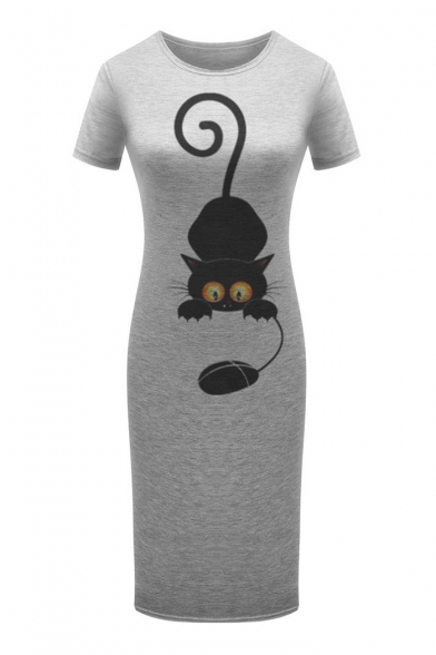 Cat Mouse Printed Round Neck Short Sleeve Leisure Slim Midi T-Shirt Dress