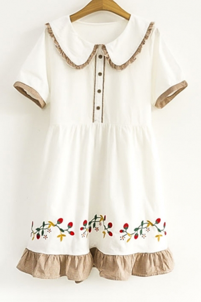 Childish Floral Embroidered Lapel Short Sleeve Button Front Ruffle Hem Mini A-line Dress