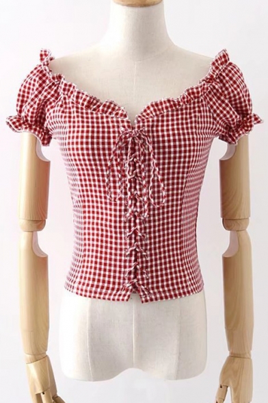 Classic Retro Plaid Printed V Neck Short Sleeve Lace Up Crop Blouse
