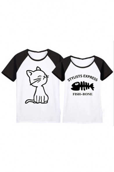 Color Block Raglan Short Sleeve Round Neck Cat Fish Bone Letter Printed Tee for Couple