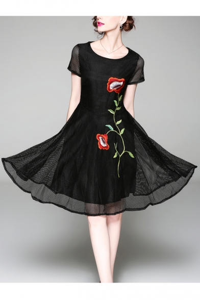 Floral Embroidered Mesh Insert Round Neck Short Sleeve Midi A-Line Dress