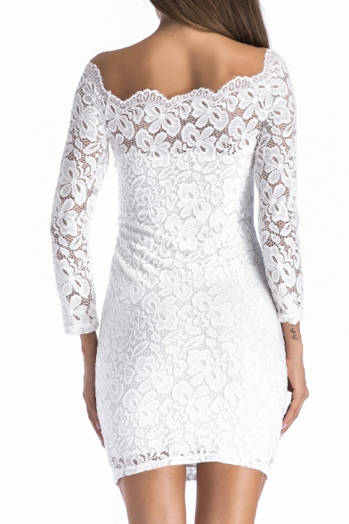 Floral Lace Insert Off the Shoulder Long Sleeve Mini Bodycon Dress