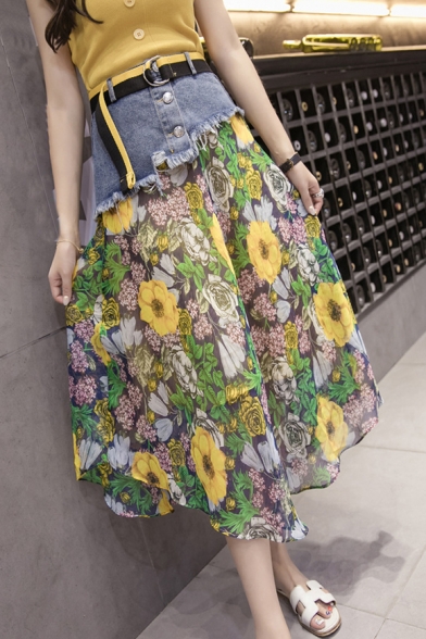 Floral Printed Chiffon Patched Buttons Down Maxi Asymmetric Hem Skirt