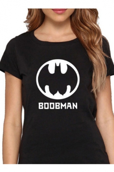 Funny Bat Letter BOOBMAN Print Round Neck Short Sleeves Graphic Tee