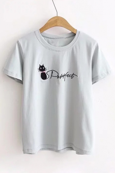 Letter Cat Embroidered Round Neck Short Sleeve Comfort Tee