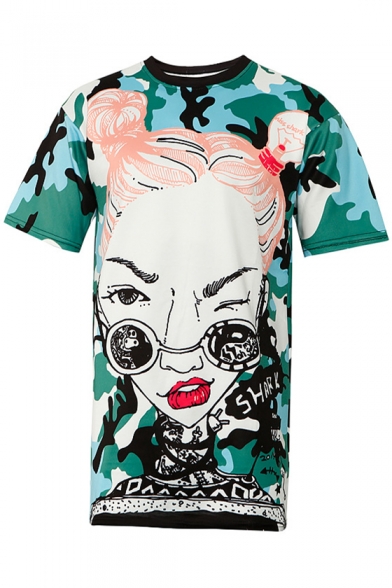 Lovely Cartoon Letter Print Camouflaged Round Neck Short Sleeves Casual Tee