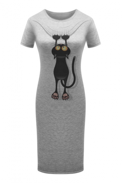Lovely Cat Printed Round Neck Short Sleeve Slim Midi T-Shirt Dress
