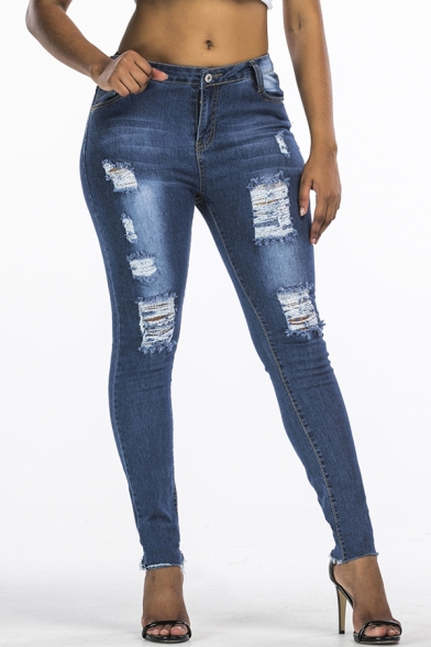 New Fashion Slim Zipper Fly Plain Ripped Skinny Jeans