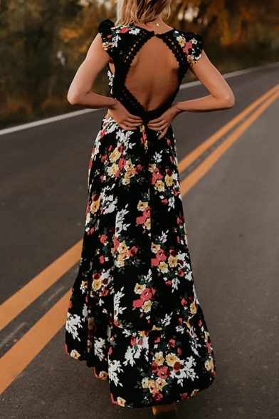 Plunge Neck Short Sleeve Floral Printed Hollow Out Back Maxi Asymmetric Hem Dress