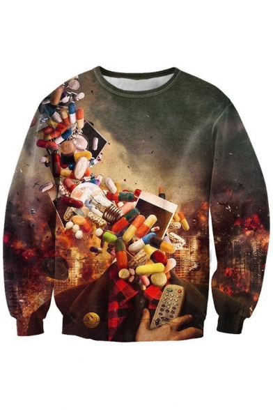 Retro Character Pill Capsule Print Round Neck Long Sleeves Pullover Sweatshirt