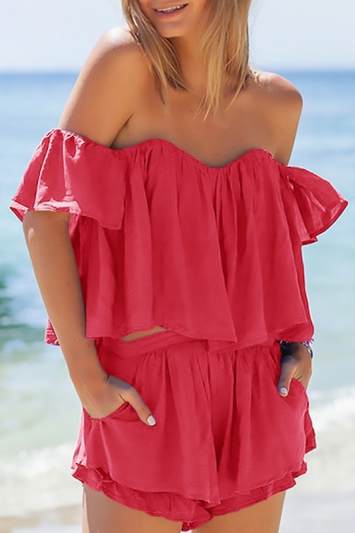Summer Fashion Off the Shoulder Ruffle Detail Cropped Loose Top with Plain Shorts