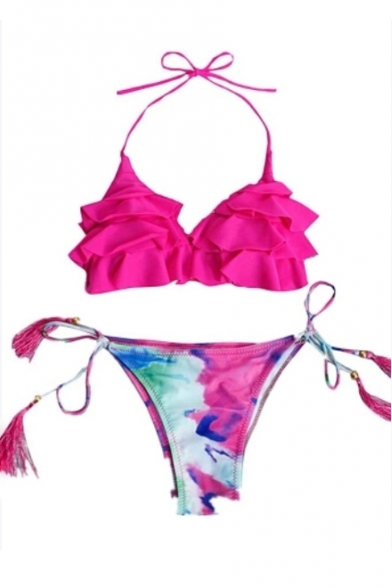 Tie Dye Print Ruffle Detail Halter Neck Tassel Embellished Summer Bikini