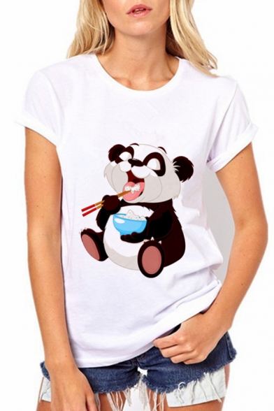 Adorable Eating Panda Printed Round Neck Short Sleeve Leisure Tee