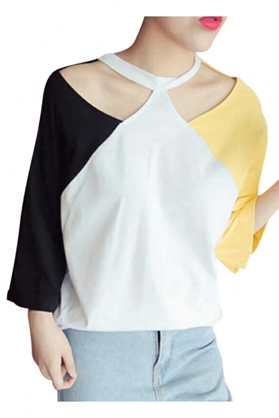 Color Block Hollow Out 3/4 Length Sleeve Leisure Loose Tee