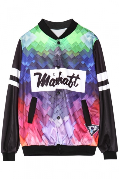 Color Block Letter Printed Stand Up Collar Long Sleeve Buttons Down Leisure Jacket