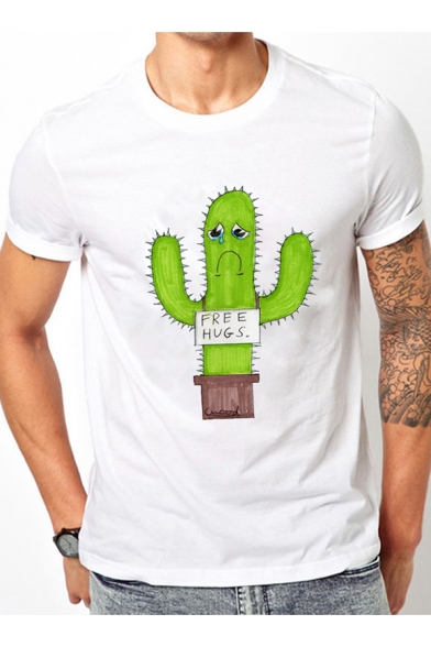 Comic Crying Cactus Letter Printed Round Neck Short Sleeve Tee
