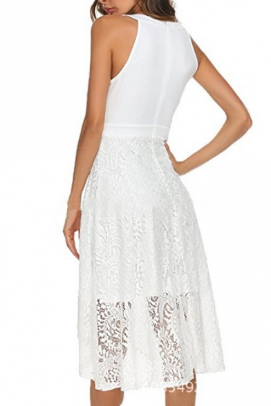 Elegant Lace Panel Round Neck Sleeveless High Low Hem Zip Back Summer Dress