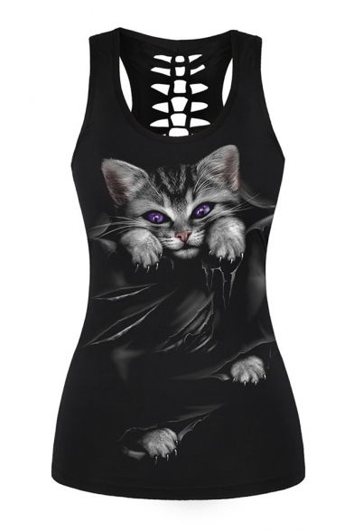 Fashion Hollow Out Back Cat Printed Round Neck Sleeveless Slim Tank
