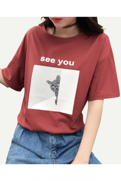 Lovely Cat Letter SEE YOU Print Round Neck Half Sleeves Casual Tee